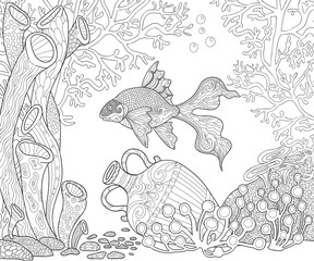 Sea life scuba diving illustration. Page for adult coloring book. The seabed with fish and algae in doodle style.