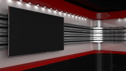 Tv Studio. Backdrop for TV shows .TV on wall. News studio. The perfect backdrop for any green screen or chroma key video or photo production. 3D rendering.