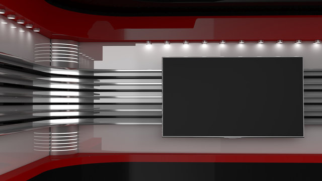 Tv Studio. Backdrop for TV shows .TV on wall. News studio. The perfect backdrop for any green screen or chroma key video or photo production. 3D rendering.