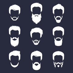 Vector set of different men hipster haircuts, beard, mustache icons in trendy flat style. Man faces images collection.
