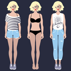 Vector set of dress up constructor with different woman wear in trendy flat style.