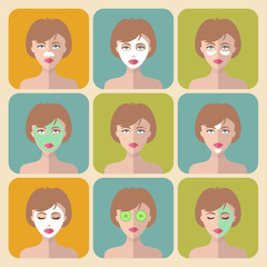 Vector set of women icons with different cosmetic treatment facial masks in flat style.Female faces or heads collection.
