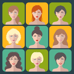 Big vector set of different women app icons in flat style. Female faces or heads collection.