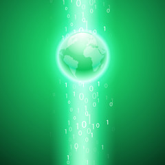 Stream of binary code to the globe. Green background.