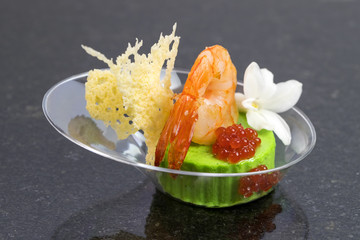 Mini canapes with elements of molecular cuisine on stone 