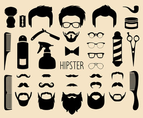 Vector set of dress up with men hipster haircuts etc.in flat style.App man faces creator with hairdresser salon elements