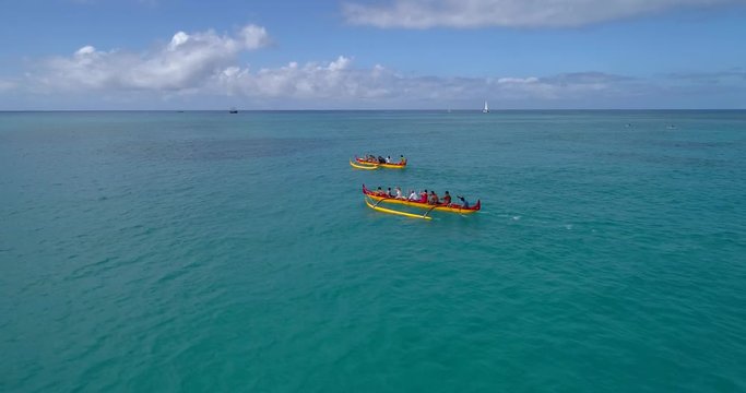 Reverse aerial video outrigger canoe race Hawaii