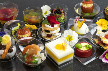 Mini canapes with elements of molecular cuisine on stone 