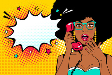 Wow pop art face. Sexy surprised young african woman  holding old phone handset with open mouth and afro hairstyle in glasses and Wow speech bubble. Vector background in pop art retro comic style. - 142359006