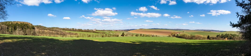 Fototapeta na wymiar Panorama of spring landscape with green pastures and blue sky