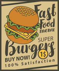 vector banner with super cheeseburger and inscriptions on retro style