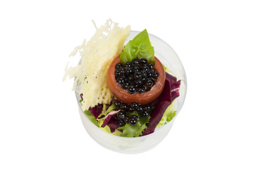 Mini canap with elements of molecular kitchen on white background 