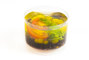 Mini canap with elements of molecular kitchen on white background 