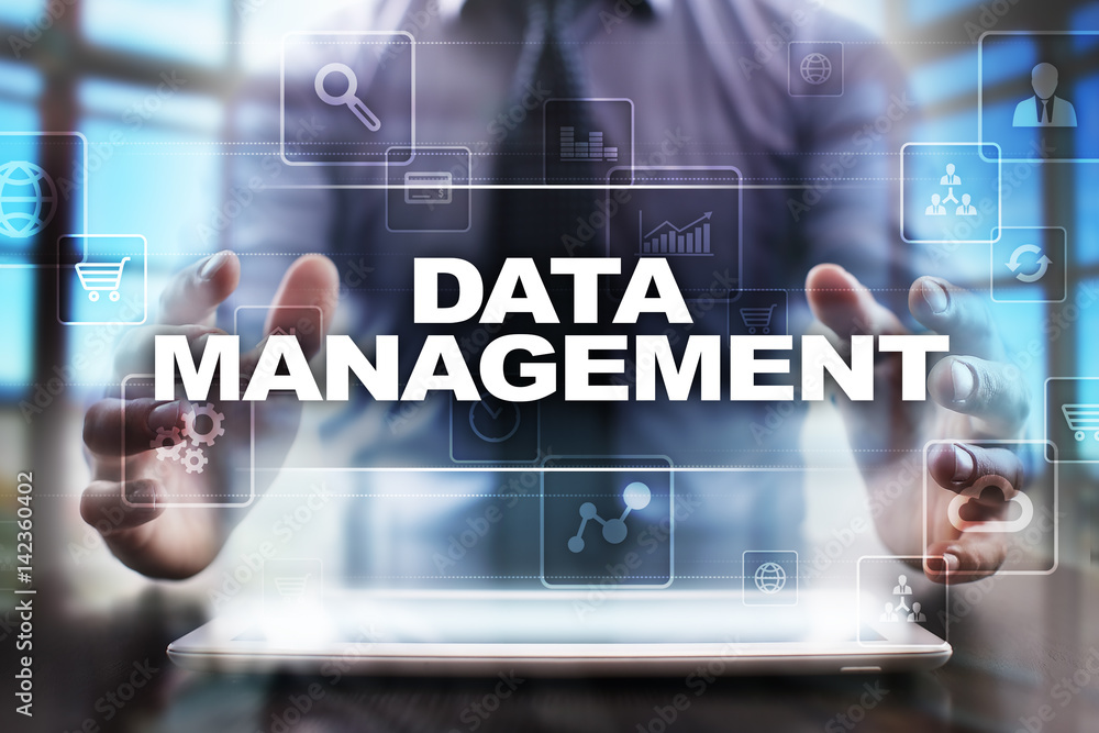 Poster businessman using tablet pc and selecting data management.
