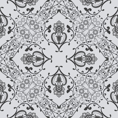 Black and white seamless floral wallpaper pattern.