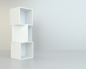 White box shelves. 3d rendering on background room wall and floor reflection.