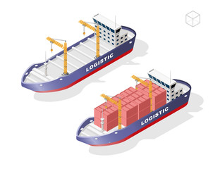 Set of Isolated High Quality Isometric City Elements . Container Ship with Shadows on White Background