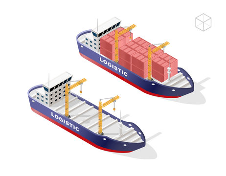 Set of Isolated High Quality Isometric City Elements . Container Ship with Shadows on White Background