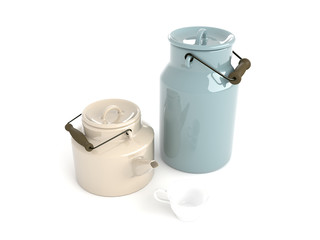 3d illustration of enamel bucket and kettle white background.