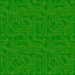 Technology background with golden microchip on green motherboard seamless pattern