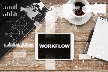 Tablet on desktop with workflow text.