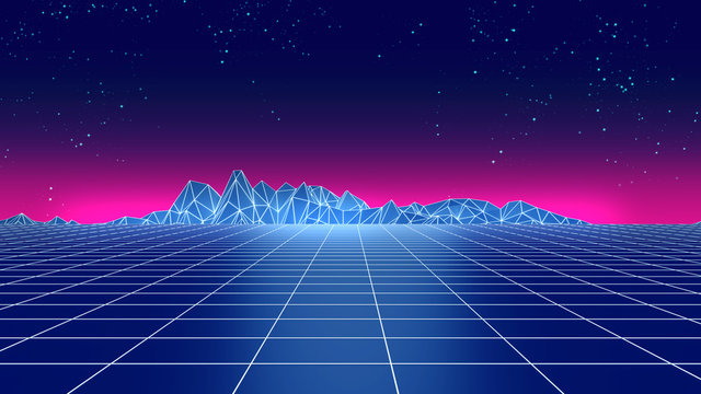 Retro futuristic background 1980s style 3d illustration. Digital landscape in a cyber world. For use as music album cover .
