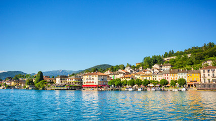 Obraz premium View of Motta square on Orta San Giulio from a touristic boat, Lake Orta, Piedmont, Italy