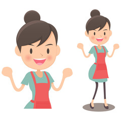 ガッツポーズをするエプロン姿のアジア人女性