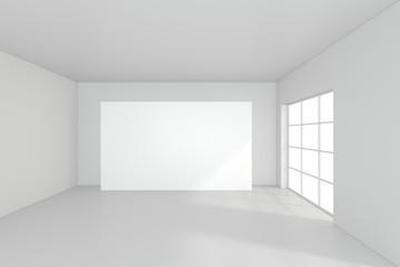 Horizontal blank billboard in white room. 3d rendering.