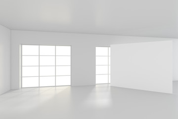 White clean interior with blank billboard. 3d rendering.