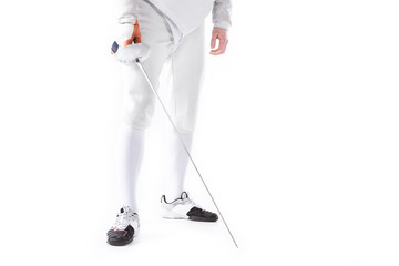 partial view of fencer in uniform holding rapier in hand on white