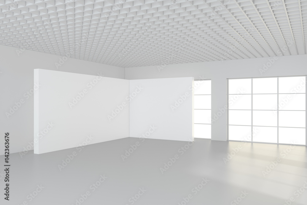 Poster large empty room with standing billboards. 3d rendering.