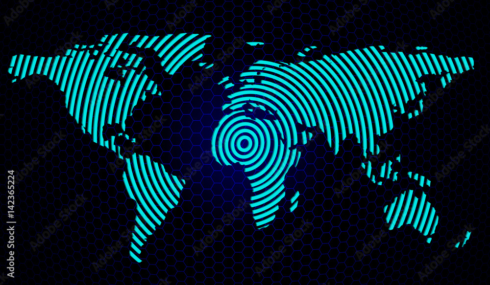Poster abstract world map on a background of hexagons. vector illustration