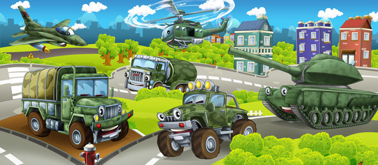 cartoon stage with different military machines colorful and cheerful scene