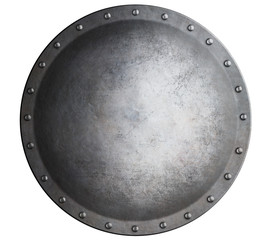 metal medieval round shield isolated on white 3d illustration