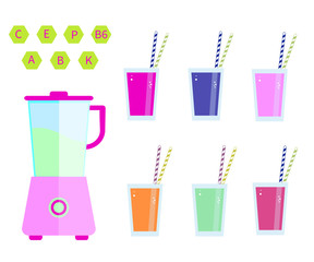 Smoothie blender with different colorful smoothies in glasses. 