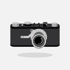Retro camera black and silver. Flat vector illustration. Top view.