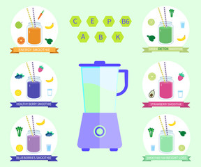 Healthy smoothie set with recipes.Vector illustration. - 142367234