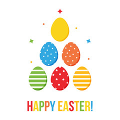 Cute colorful flat design happy easter card with eggs and decorative elements.