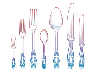 Colorful cutlery collection vector illustration - spoon knife and fork isolated on white