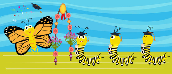 Grad Caterpillar - Cute caterpillars with graduation hats and diplomas are transitioning into a butterfly. Eps10