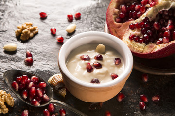 yogurt almond, pomegranate, rhubarb, walnut dessert breakfast