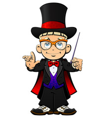 A young illusionist in a hat, a tuxedo and a mantle.