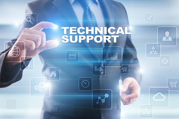 Businessman selecting technical support on virtual screen.