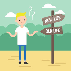 Young concerned blonde boy trying to decide where to go / editable flat vector illustration, clip art