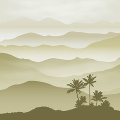 Fototapeta na wymiar Mountains with palm tree in the fog. Background.