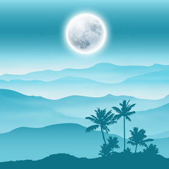 Background with fullmoon, palm tree and mountains in the fog