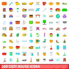 100 cozy house icons set, cartoon style
