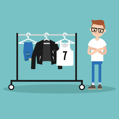 What to wear. Young concerned nerd looking at the row of clothes hanging on the open hanger. Clothes rack. Rail. Wardrobe / flat editable vector illustration, clip art