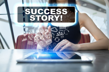 Woman using tablet pc and selecting success story!.